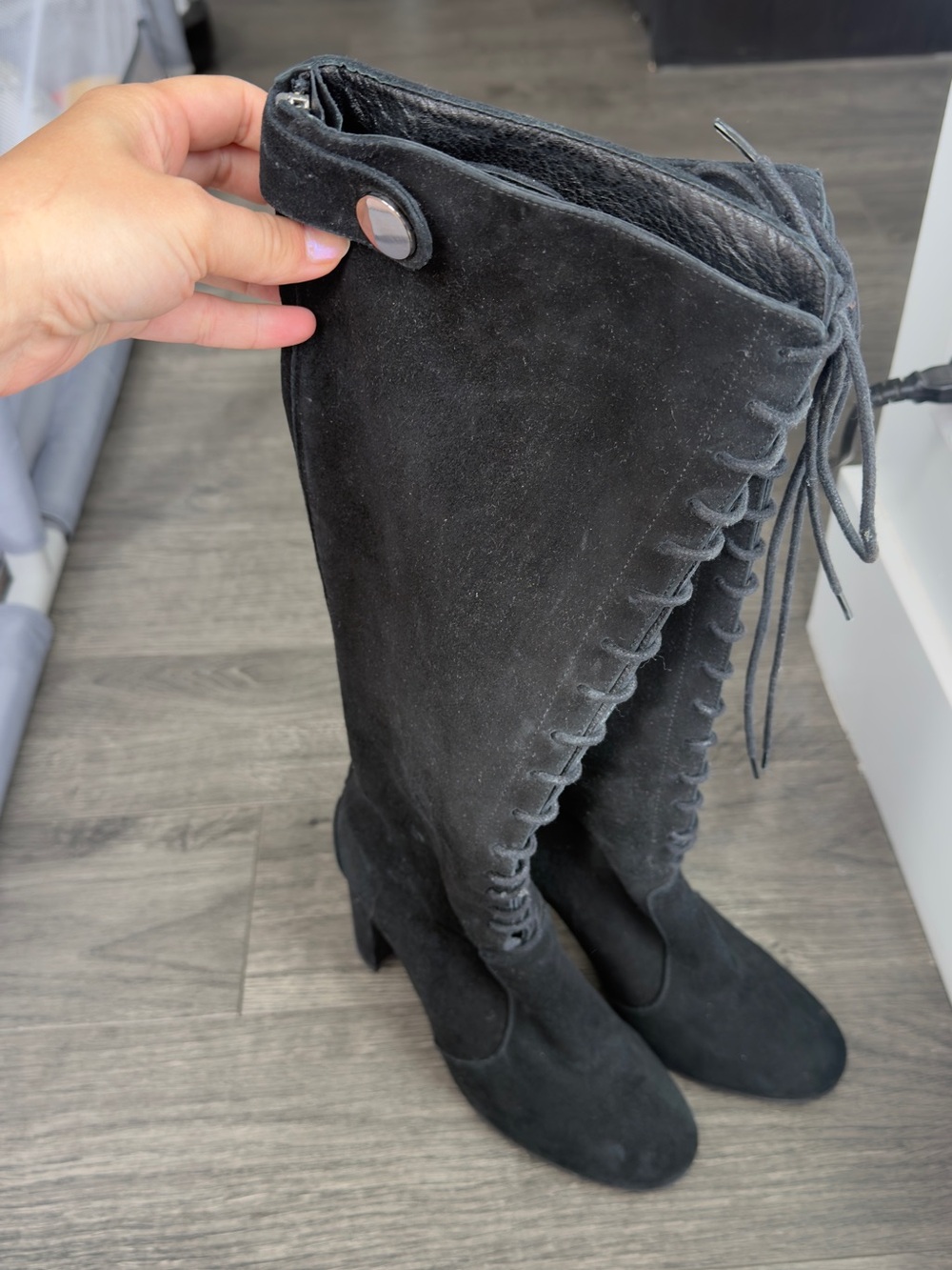 Black Suede Knee-High Lace-Up Boots